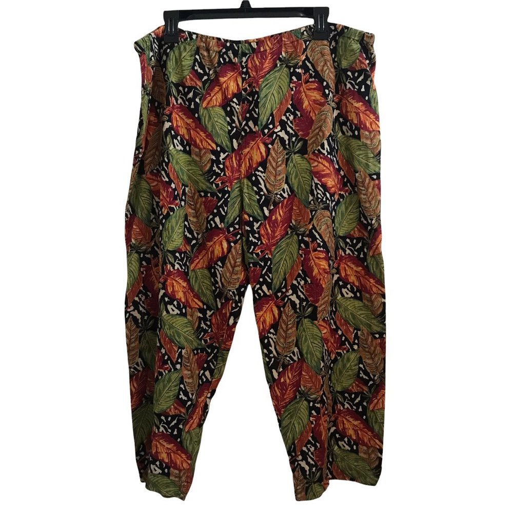 Chicos 100% Linen Elastic Waist Pull On Crop Tropical Leaf Print Pants! New!